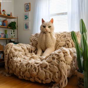eine riesige gehäkelte Katze in einem realistischen Wohnzimmer