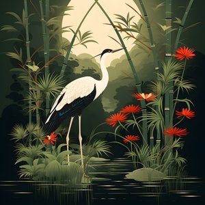 Eine schöne japanische Illustration eines Kranichs und Bambus 1