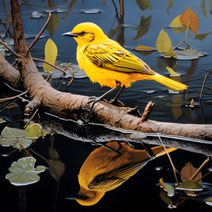 Gelber Vogel auf einem Ast im Wasser