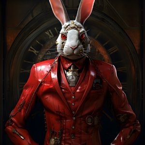 Männlicher anthropomorpher kybernetischer Uhrenpunk-Androidenhase, in rotem Gehrock 2