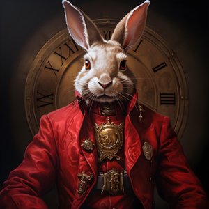 Männlicher anthropomorpher kybernetischer Uhrenpunk-Androidenhase, in rotem Gehrock 3