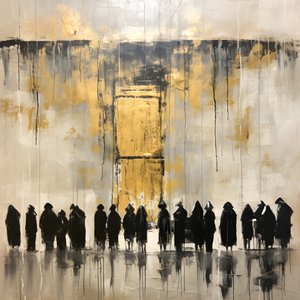 schwarz-weiß gekleidete Menschen, die mit dem Gesicht zur Wand beten