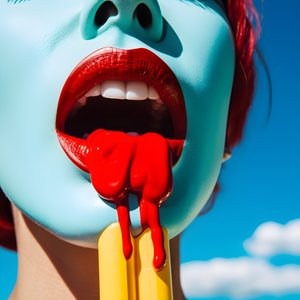 Nahaufnahme eines schmelzenden Eis am Stiel neben dem Mund einer Frau