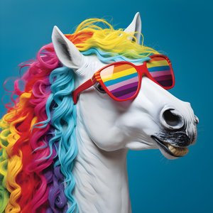 Weißes Pferd mit Regenbogenbrille auf blauem Hintergrund 1