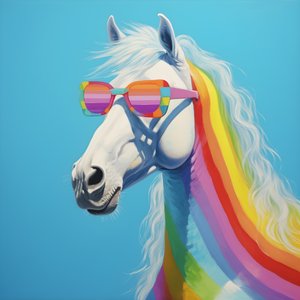 Weißes Pferd mit Regenbogenbrille auf blauem Hintergrund 2