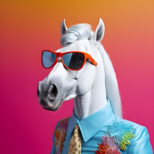 Weißes Pferd mit Regenbogenbrille auf blauem Hintergrund 3