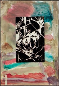 Ohne Titel (Collage mit Holzschnitt auf abstrakter Malerei)