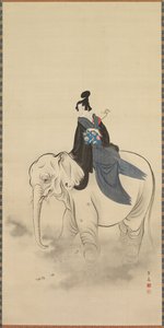 Kurtisane reitet auf einem Elefanten Parodie des Bodhisattva Fugen, 19. Jahrhundert von Kuwagata Keisai
