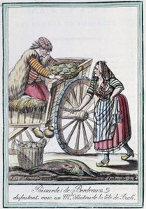 Fischhändlerin von Bordeaux streitet mit einem Austernhändler vom Kopf von Buch - in „Encyclopedia of travels“ von J. Grasset St Sauveur, Deron, Paris