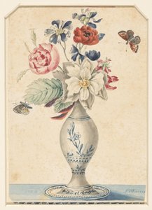 Vase mit Blumen und einem graugelben Schmetterling