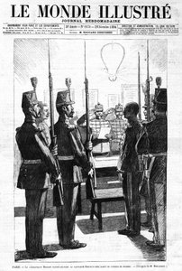 Der Kommandant liest Kapitän Alfred Dreyfus das Urteil des Kriegsgerichts vor, Paris. Skizze von Herrn de Moulignie. In „Le Monde Illustré“ Wochenzeitschrift Nr. 1970 vom 29. Dezember 1894 von L. Moulignie