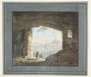 Aussicht von Ruine über Meeresbucht mit Vulkan