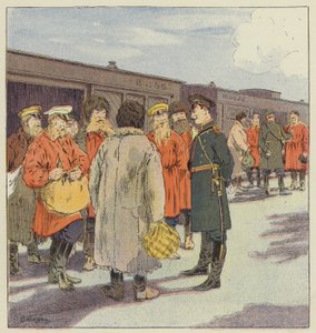 Halt eines Zuges mit Reservisten auf dem Weg nach Mandschurei von L. Malespine