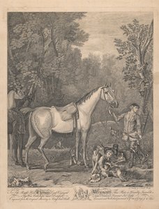 Eine Serie von sieben, unbetitelt, jeweils gewidmet: An den ehrenwerten Thomas Lord Viscount Weymouth...nach dem Originalgemälde in Long Leat Hall. [Zwei Reiter bei einem Bauernhaus fragen einen Bauern nach dem Weg; ein Brunnen links, mit einem Paar Füchse von L. Truchy