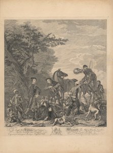 Eine Serie von sieben, unbetitelt, jeweils gewidmet: Dem ehrenwerten Thomas Lord Viscount Weymouth...nach dem Originalgemälde in Long Leat Hall. [Der Fang: zwei Reiter abgestiegen, einer hält den Fuchs über lärmenden Hunden; der Jäger bläst sein Horn...]