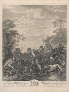 Eine Serie von sieben, ohne Titel, jeweils gewidmet: An den ehrenwerten Thomas Lord Viscount Weymouth...vom Originalgemälde in Long Leat Hall. [Drei Männer graben einen Fuchsbau aus, gespannt beobachtet von Hunden...]