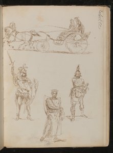 Studie einer von Pferden gezogenen Kutsche mit drei Insassen, drei Studien von griechisch-römischen Kriegern mit Waffen und Schilden (Feder und Tinte)