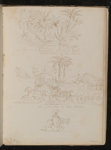 Ein Palmengarten in San Remo, eine Pferdekutsche vor einem Tor in San Remo, eine weibliche Figur zu Pferd von Lady Butler