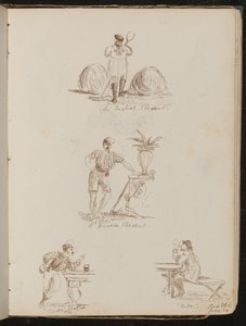 "Englischer Bauer", "ein genuesischer Bauer", Figurenstudien in Tavernen beschriftet "Battista" und "Bile", Ort und Datum "20. Juni"