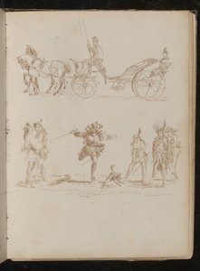 Offizier in voller Uniform mit Zylinder und Epauletten in einer pferdegezogenen Kutsche reitend, Studie von sechs mediterranen Soldaten und einem Hund