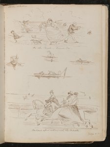 "Auf der Parade, ein windiger Tag", Boote mit Tagesausflüglern, Reiter auf Pferden mit der Inschrift "Reiten mit dem Meister" von Lady Butler