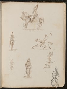 Sechs Studien von Soldaten, einer zu Pferd beschriftet "die Blues", kleine Studie eines Pferdes von vorne von Lady Butler