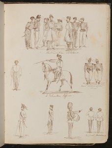 Studien von acht Soldaten beschriftet "Piemontesische Soldaten", "ein Freiwilligenoffizier", zwei "Französische Soldaten an der Linie"