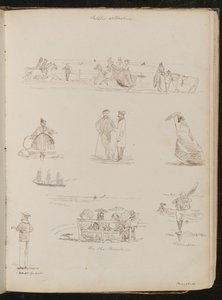 Studien von Männern und Frauen "Auf der Parade", ein Mann mit einem Netz beschriftet "Shrimper", ein Matrose beschriftet "Küstenwache", datiert "28. Mai 1861"