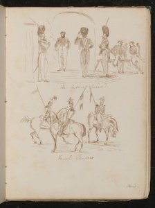 Studien von Soldaten mit der Inschrift "Imperial Guards", Soldaten mit Fahnen zu Pferd mit der Inschrift "French Lancers"