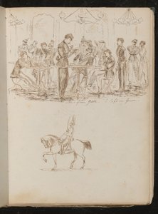 Studie einer Cafészene mit Soldaten, die Zeitungen lesen, mit der Inschrift "News from gaela - a café in Genoa" von Lady Butler