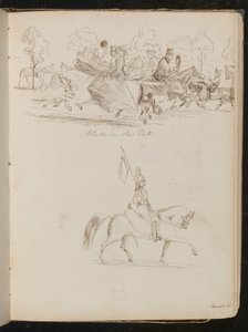 Studie von Männern und Frauen zu Pferd in einem Park, möglicherweise eine Jagd, eine Studie eines Soldaten in voller Uniform zu Pferd mit einer Fahne von Lady Butler