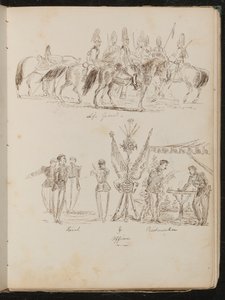Studie von Soldaten auf Pferden mit der Inschrift "Life Guards", Studie von Soldatengruppen mit Fahnen, rauchend und trinkend