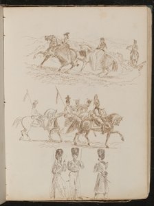 Studie von zwei Frauen und einem Mann in hügeliger Landschaft, Soldaten zu Pferd, drei Wachen im Gespräch von Lady Butler