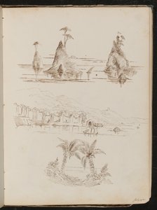 Drei Studien von felsigen Inseln, eine wässrige Landschaft mit Menschen und Booten und Palmen von Lady Butler
