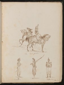 Zwei Soldaten zu Pferd beschriftet "Die Cert-Garde", Studien von Artillerie- und Infanteriesoldaten von Lady Butler