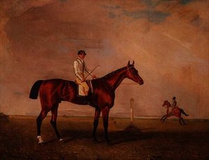 Braunes Rennpferd mit Jockey auf einer Rennbahn von Lambert Marshall