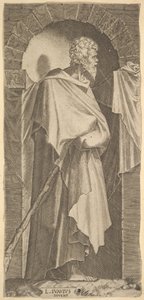 St. Jakobus Minor in einer bogenförmigen Nische, einen Wanderstock in den Händen haltend, 1545 von Lambert Suavius