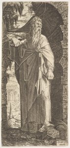 St. Paul steht unter einem überwucherten Bogen, sein linker Fuß auf einem Felsen, seine rechte Hand...