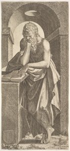 St. Simon vor einem offenen Buch mit den Fingern seiner linken Hand darauf
