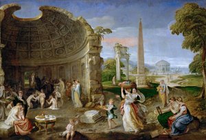Landschaft mit antiken Ruinen und badenden Frauen von Lambert Sustris
