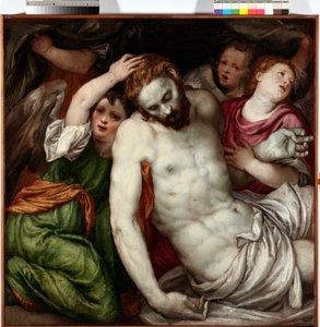 Pieta et anges (Pieta mit Engeln) von Lambert Sustris (1515-1584) 16. Jahrhundert Sun 83x84 cm Musei di Strada Nuova Genes von Lambert Sustris