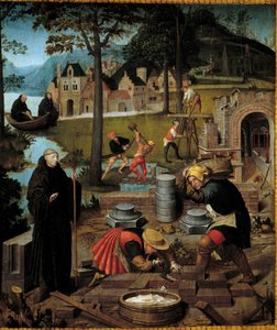 Legende des hl. Bertin: Der Abt Saint Bertin von Sithiu leitet den Bau des Klosters von Sithiu in Saint Omer (Detail) von Lancelot Blondeel