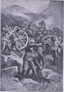Ein umgestürztes Geschütz auf einem Hügel, aus After Pretoria: Der Guerillakrieg veröffentlicht von Harmsworth Bros Limited, 1901