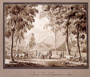 Frühstück der Kaiserin Josephine de Beauharnais in Cervos im Jahr 1810. Zeichnung von Theodore Turpin De Crisse von Lancelot Théodore Turpin de Crissé de Crissé