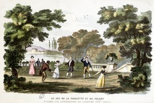 Alte Spiele: das Spiel von Schläger und Federball, Vorläufer von Badminton, basierend auf einer Lithographie von Langlumé, 19. Jahrhundert.