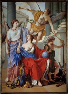 Allegorie der Regentschaft von Anna von Österreich (1601-1666). Die Regentin ist umgeben von einer Allegorie des Ruhms und des Friedens. Der Kontext ist der Dreißigjährige Krieg, Frankreich empfängt den Frieden vom Sieg, Allegorie des Westfälischen Frieden von Laurent de la Hyre