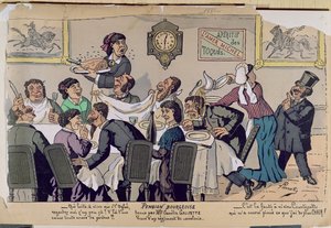 Mittelklasse-Pension, Karikatur, 1881 (Farbstich)