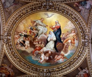 Die Heilige Jungfrau krönt die Heilige Rosa von Lima mit Jesus und dem Heiligen Geist