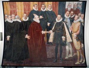 Treffen von Dogen Giacomo Durazzo Grimaldi und Infant Don Juan von Österreich (Fresko) von Lazzaro Tavarone