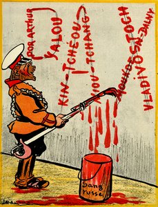 Russischer Zar malt das Wort Pax oder Frieden, bestehend aus den Namen verlorener Schlachten mit russischem Blut. 1904 von Leal de Camara